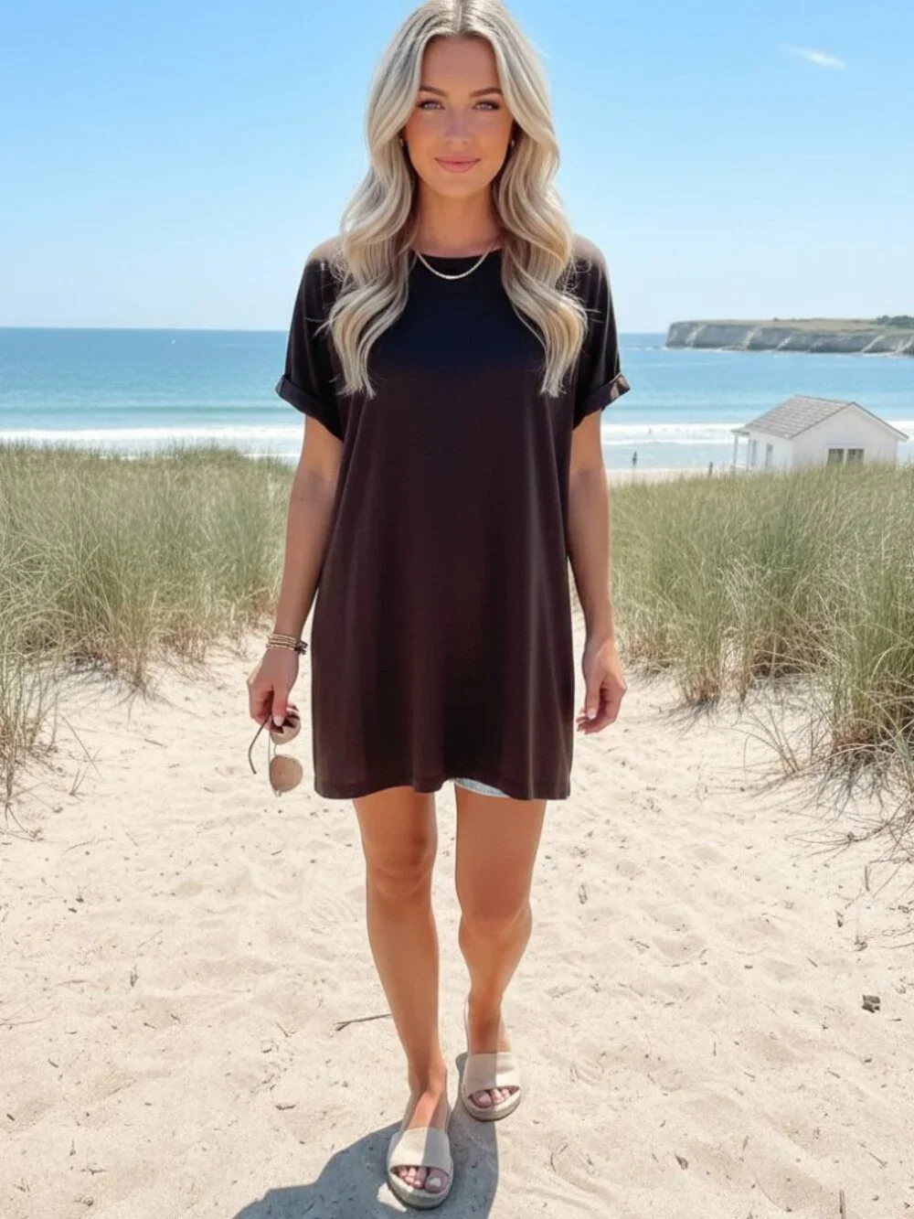 VINTAGE SAINT TROPEZ WEST Brown Tunic Top L Pima Mini Dress Swim Cover Up Y2K - Picture 10 of 10